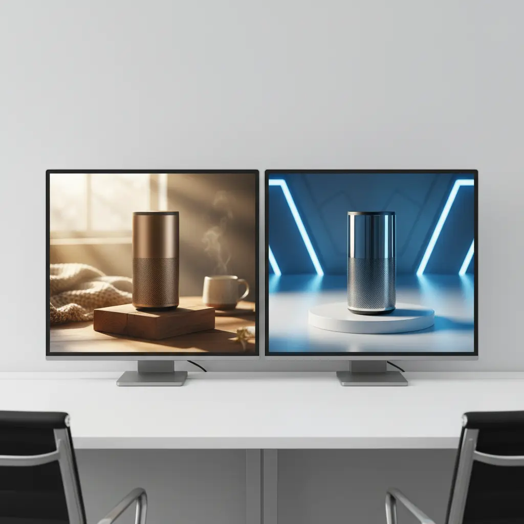 Comparison of two AI-generated images for A/B testing, one with warm lighting, one with cool lighting