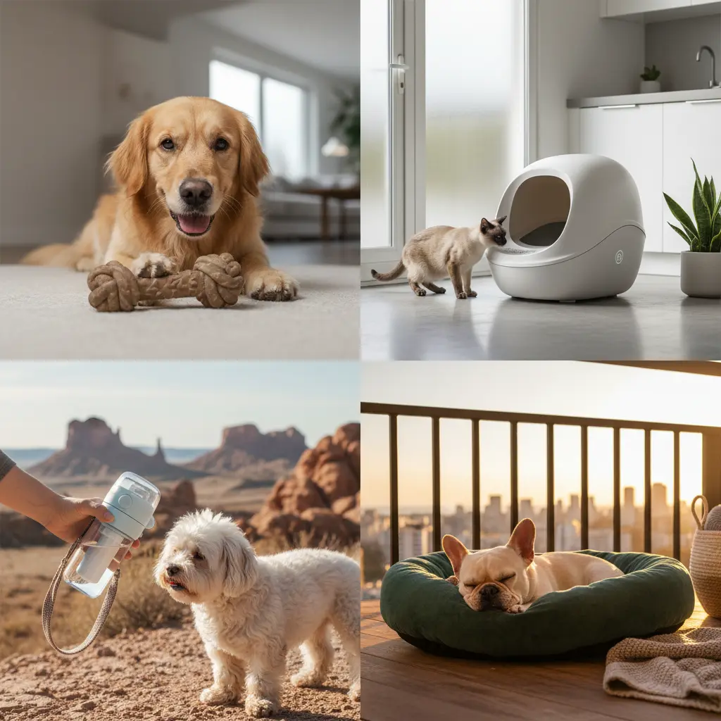 Collage of AI-generated pet product lifestyle images showing different breeds and environments.