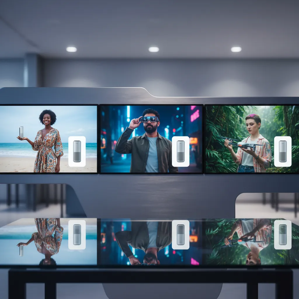 AI-generated e-commerce product shots showing diverse models and settings