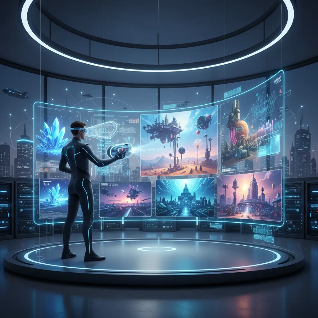 Conceptual image of a futuristic photographer using AI to generate complex visual scenes