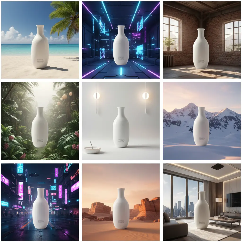 Grid showing a single product in various AI-generated settings.