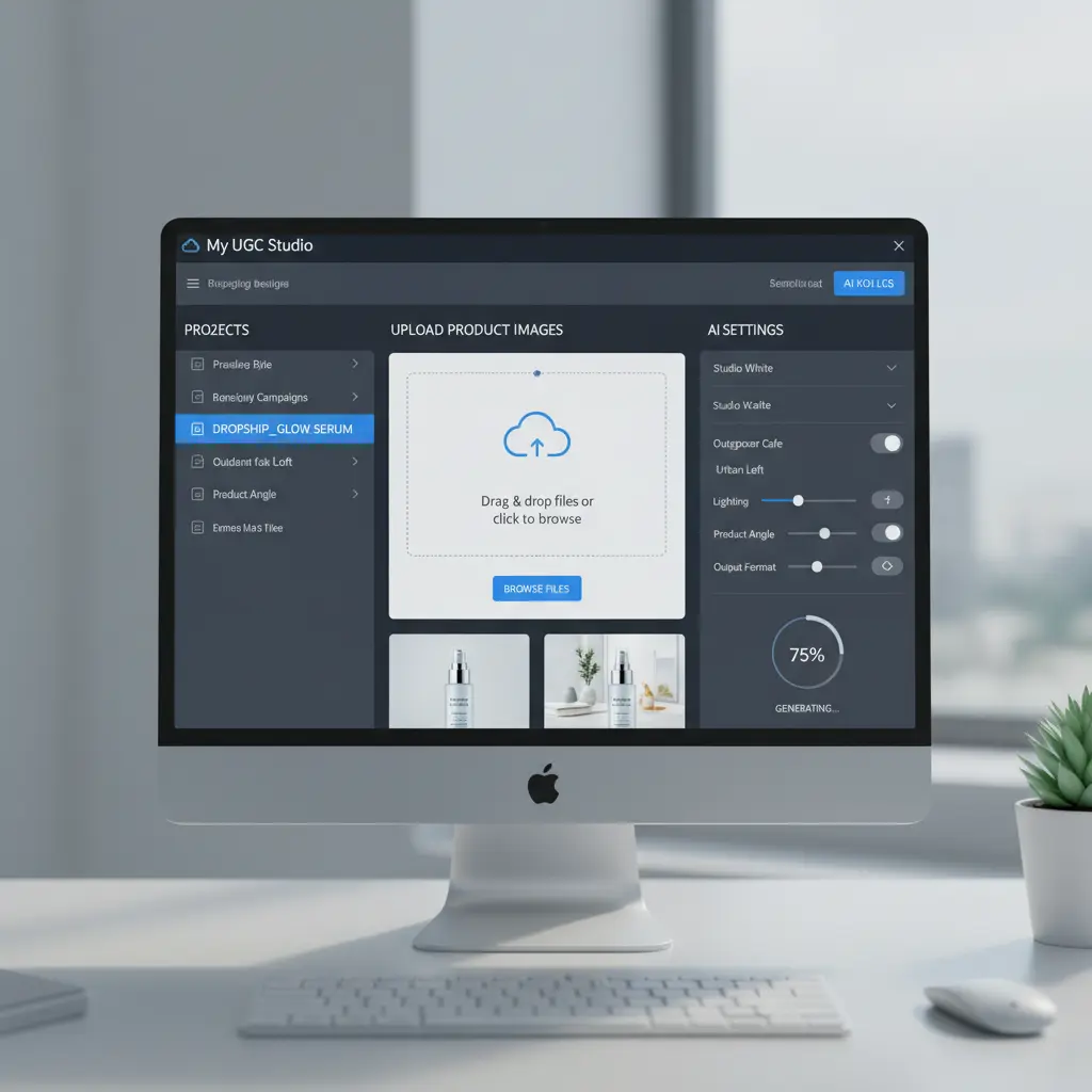 Screenshot of My UGC Studio interface showing product image upload.
