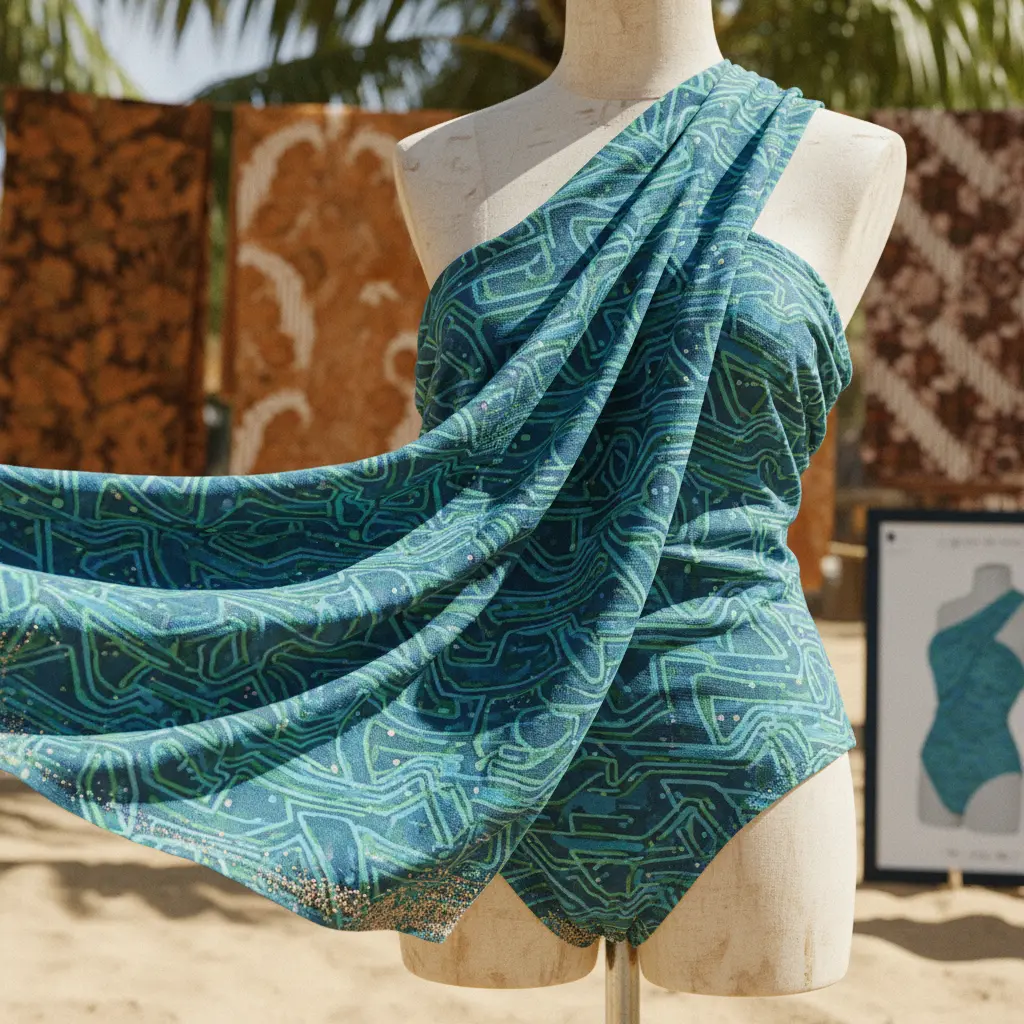 Close-up of AI-generated swimwear fabric showing texture and sheen