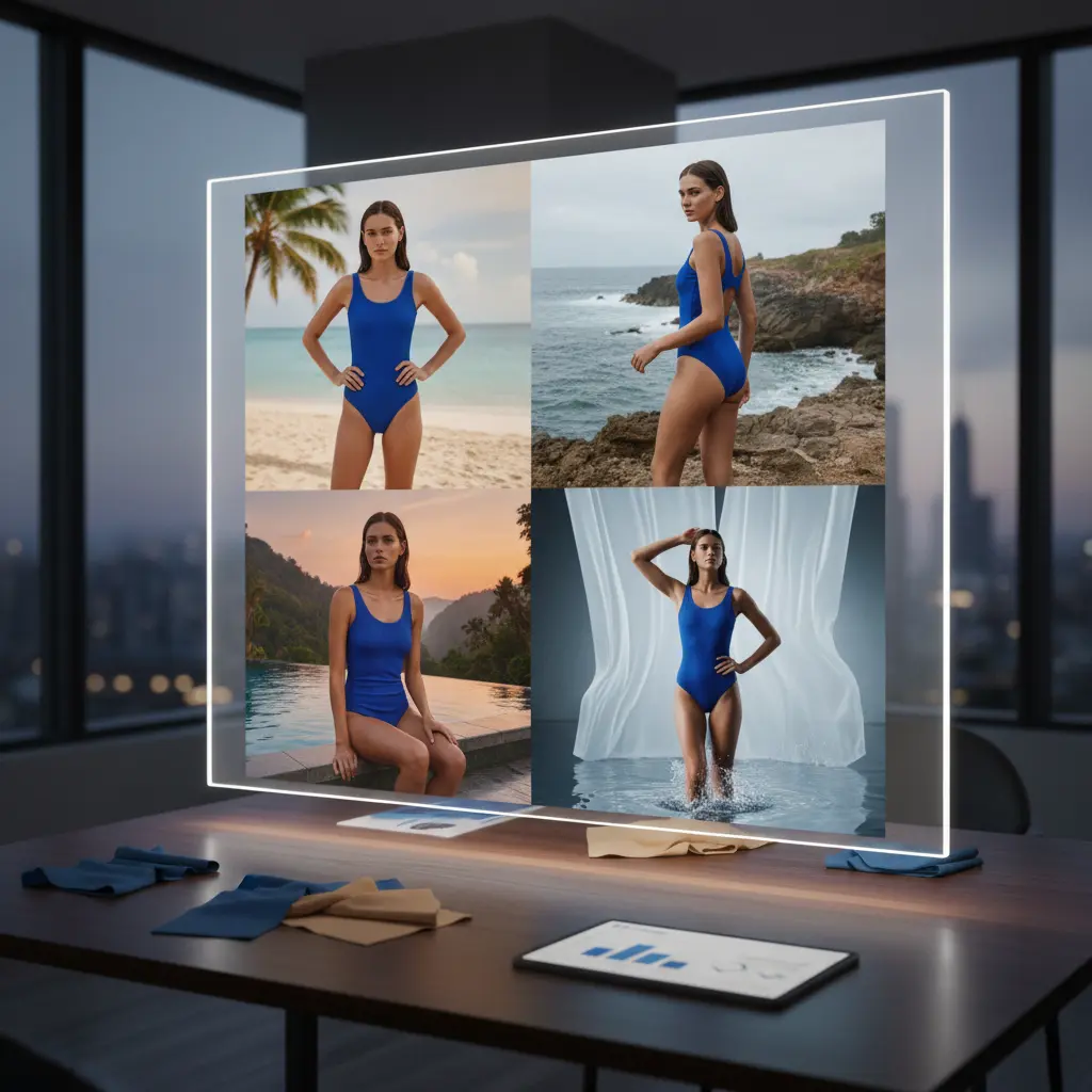 AI-generated A/B testing images for swimwear, showing subtle variations in model pose and background