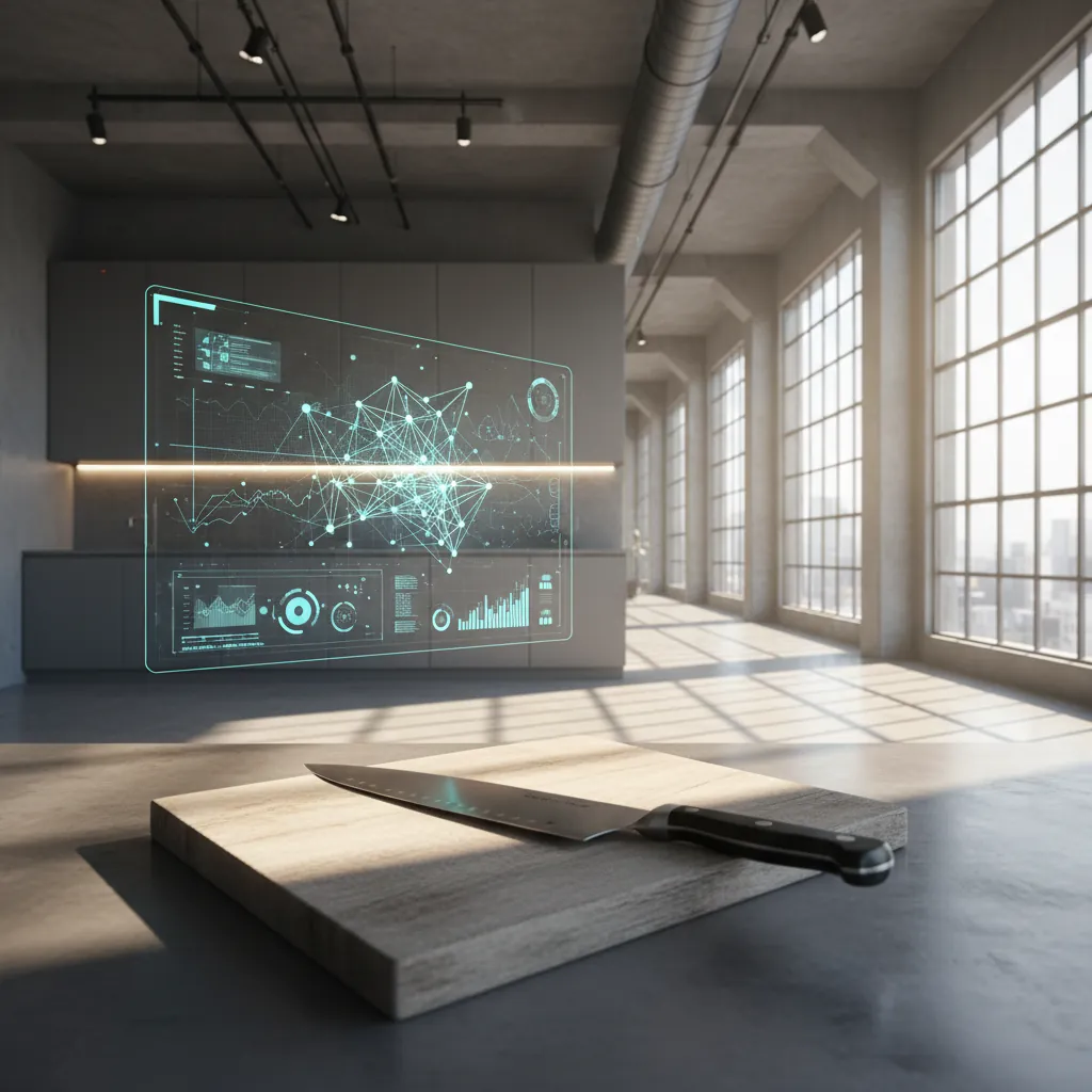 Chef's knife on a cutting board in a sun-drenched, AI-generated industrial loft kitchen