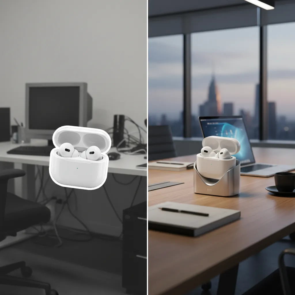 Comparison of a poorly photoshopped product vs. a high-quality AI-generated product placement