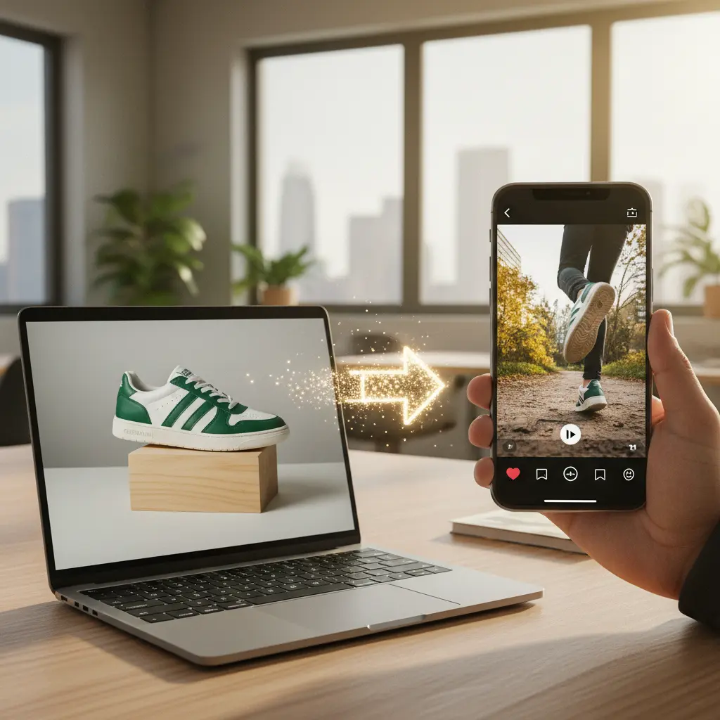 A concept image showing a static product photo transforming into a dynamic video creative for social media.