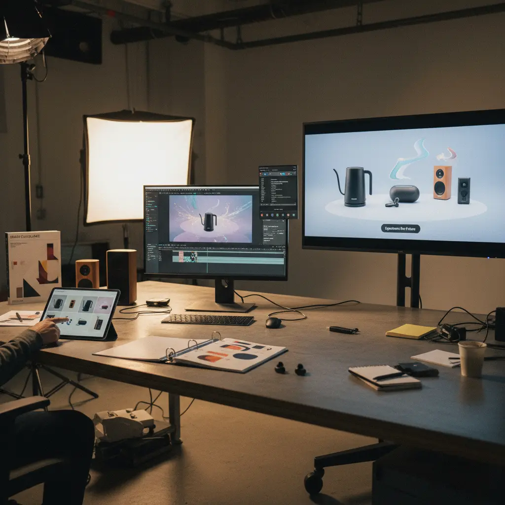 A visual illustrating the workflow of creating AI product videos, from input images and brand guidelines to final video output.