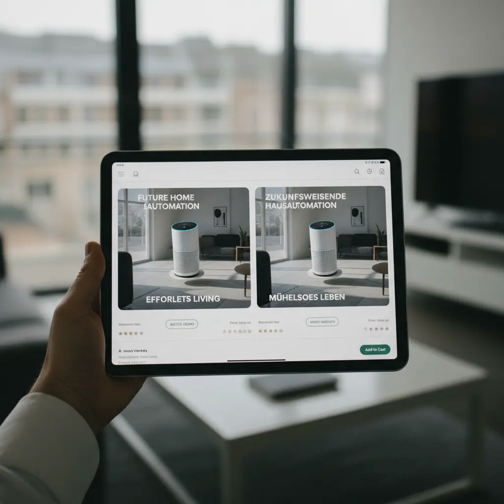 A comparison showing two versions of an AI-generated product video, one with English text overlays and another with localized German text overlays.