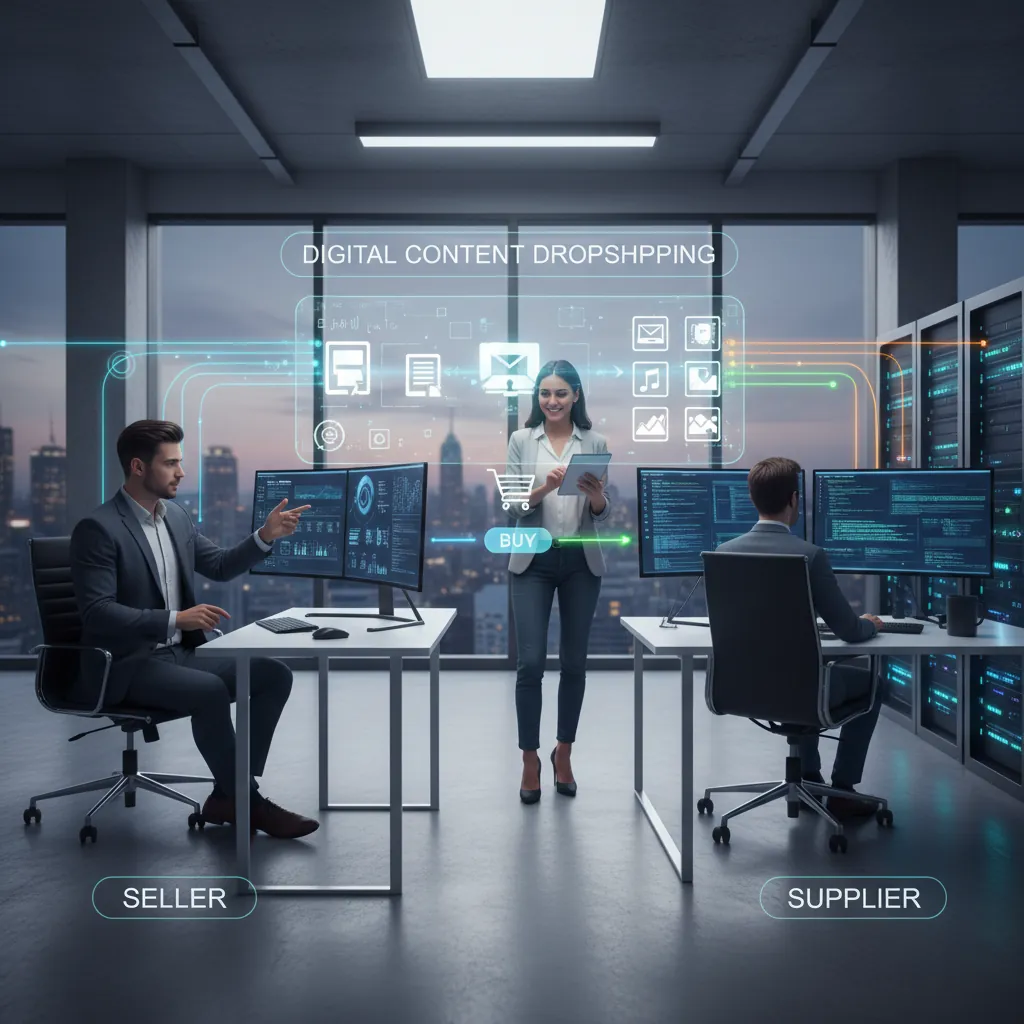 Digital content dropshipping business model showing seller, customer, and supplier of digital goods