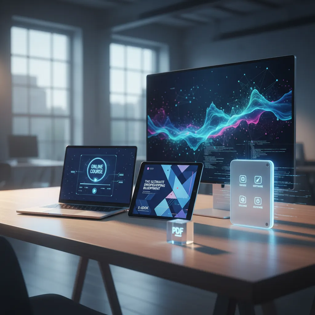 Examples of digital products including e-books, software, online courses, and digital art