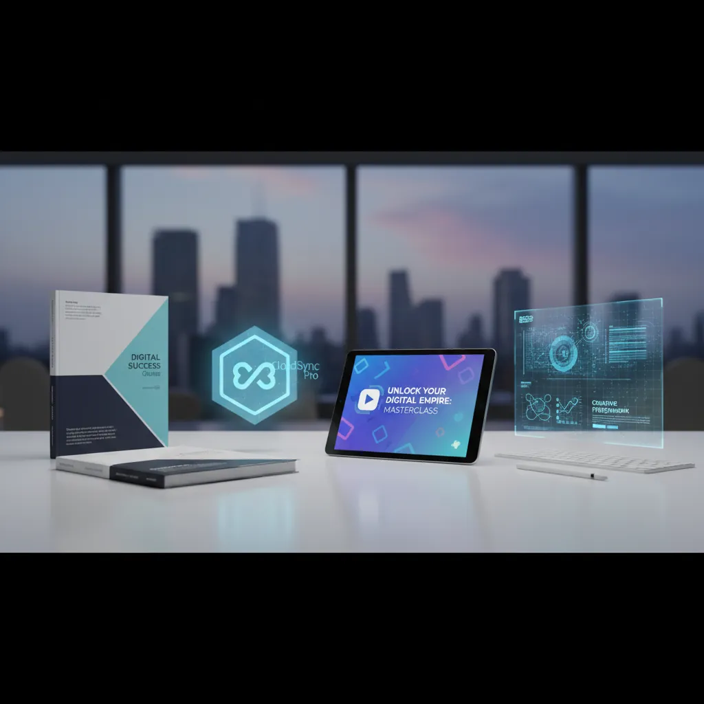 A collection of digital products including an ebook, a software icon, an online course graphic, and a digital template.