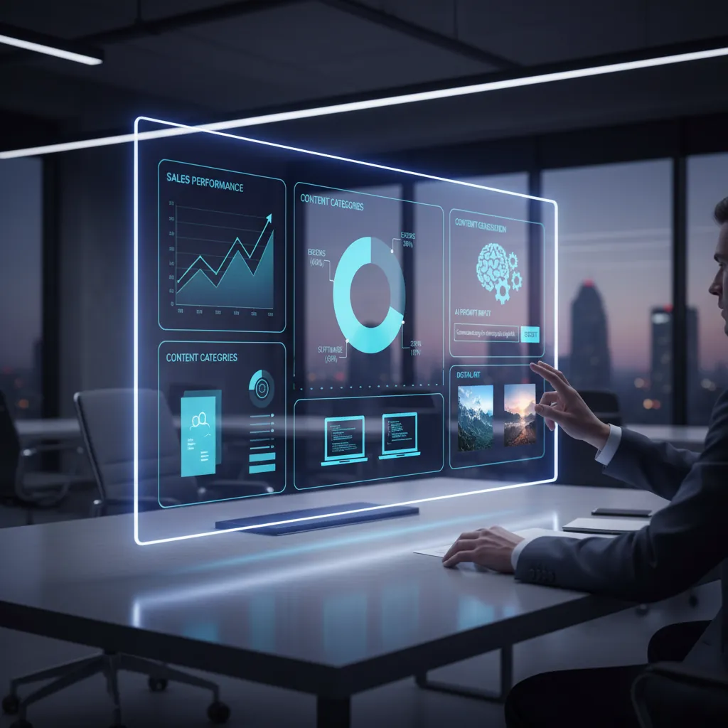 An AI-powered marketing dashboard showing data analytics and content generation tools.