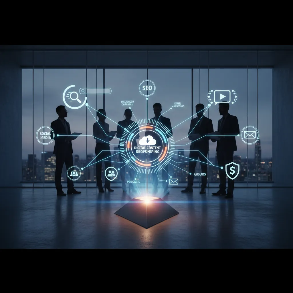 A visual representation of a comprehensive digital marketing strategy with various channels like SEO, social media, email, and paid ads.