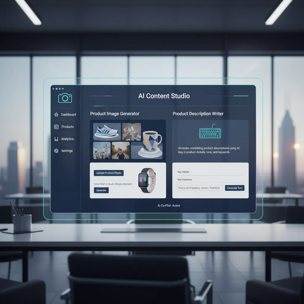 A screenshot of an AI content generation dashboard, showing various options for creating product images and text.