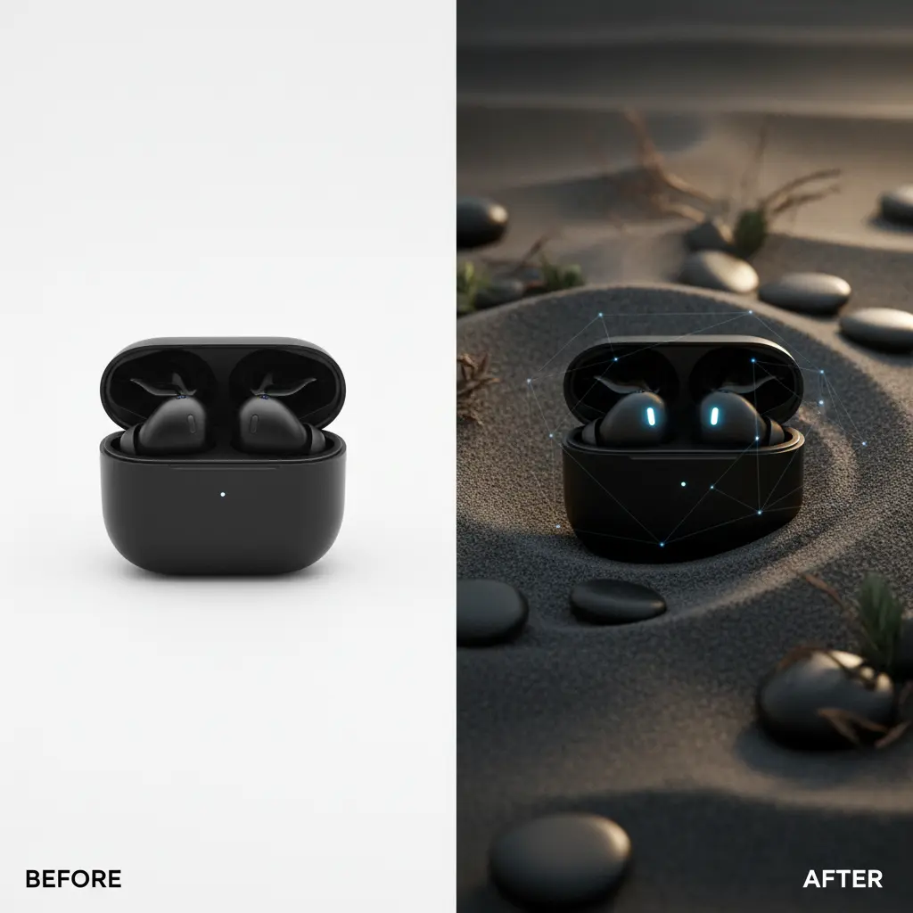 Before and after transformation of a generic dropshipping product image into a branded, AI-generated visual