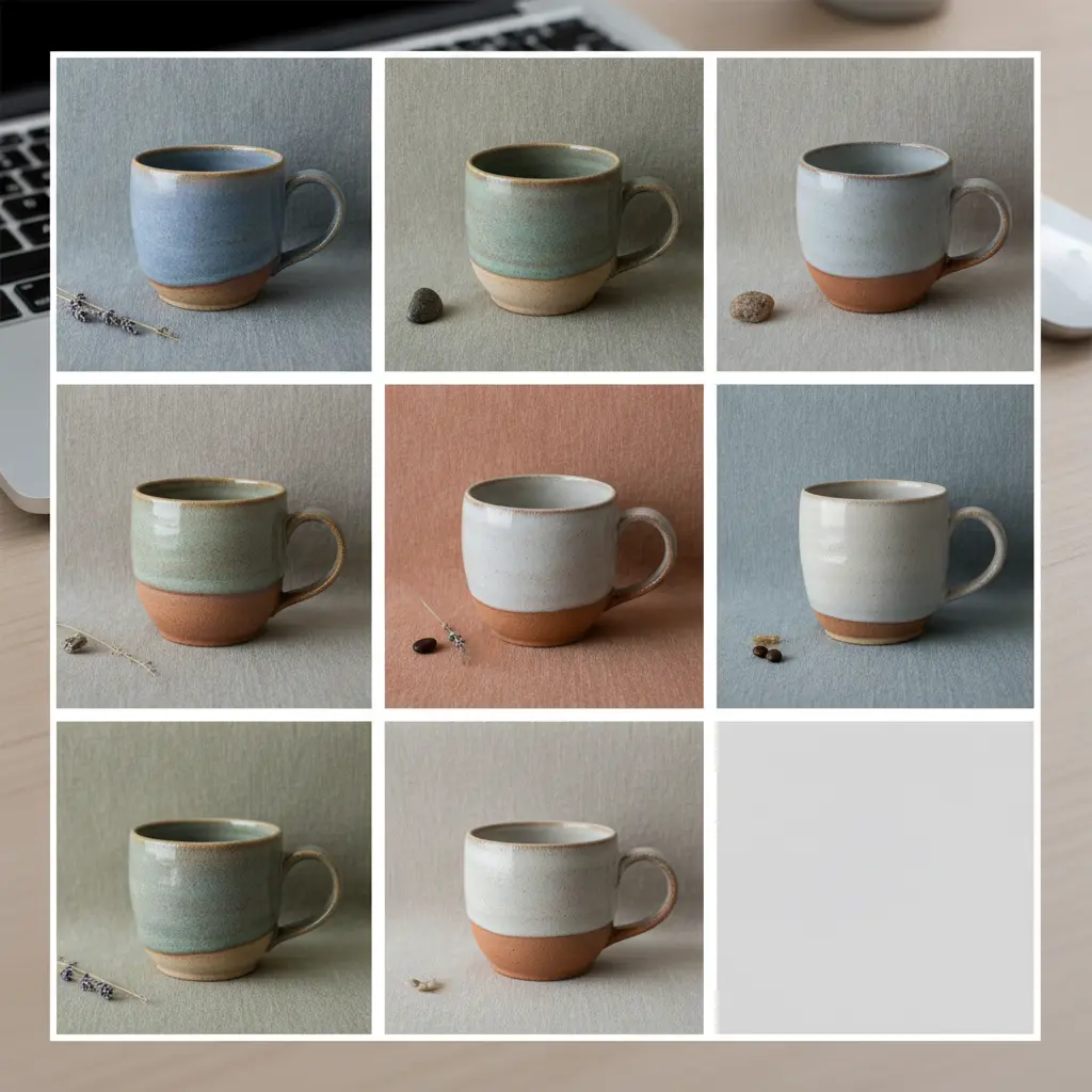Cohesive Etsy shop grid showing ceramic mugs on matching linen surfaces