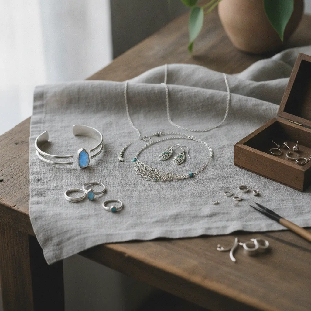 A collection of handmade silver jewelry shot under soft morning lighting