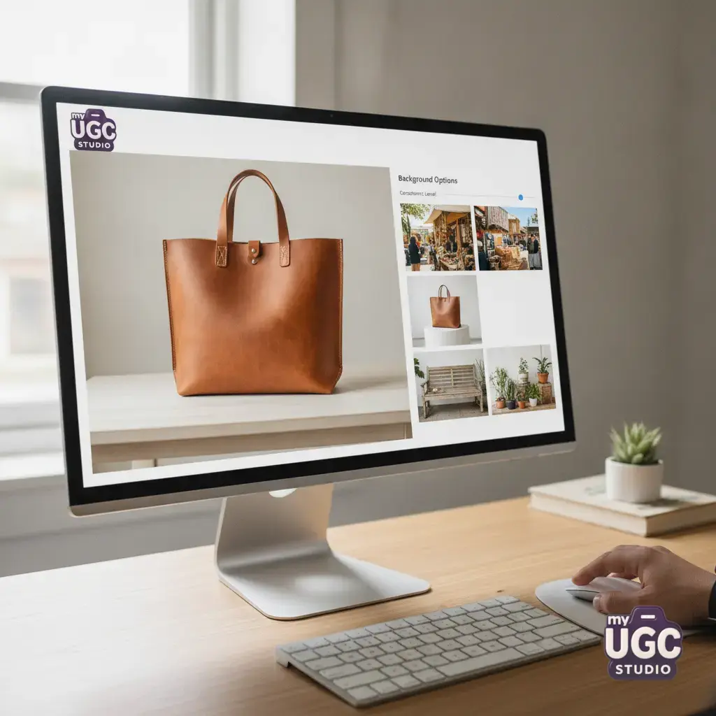My UGC Studio interface displaying background rendering options for a leather tote bag