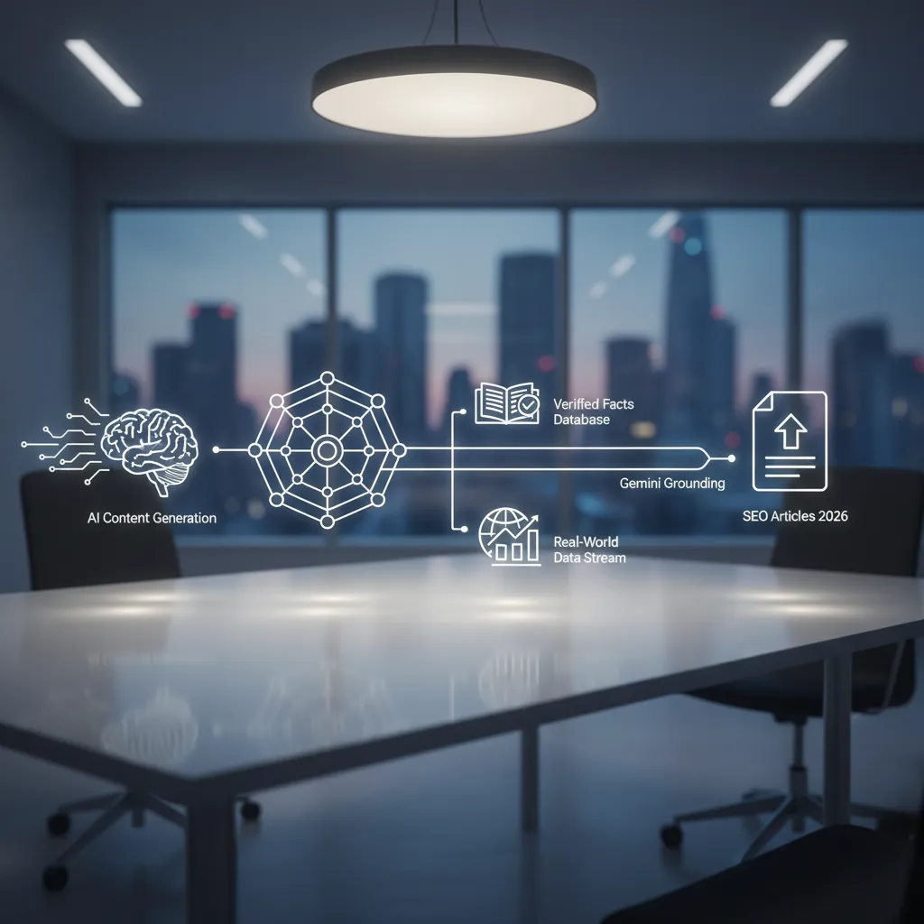 Diagram showing AI content generation connected to a database of verified facts and real-world data.