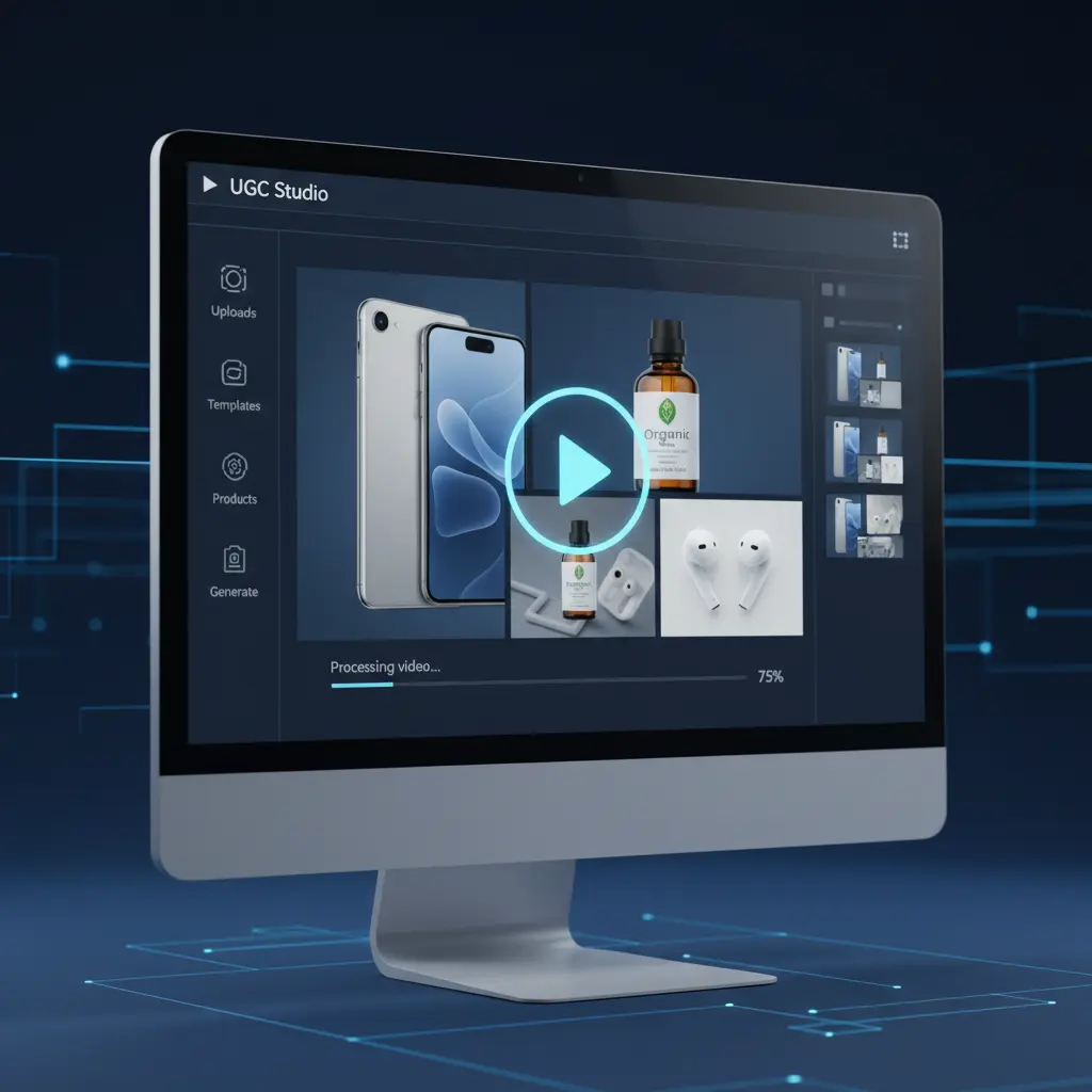 My UGC Studio interface showing play button for video generation