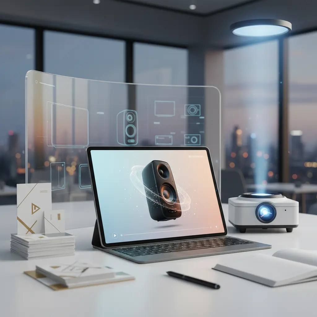 A tablet displaying an e-commerce product video, surrounded by marketing elements