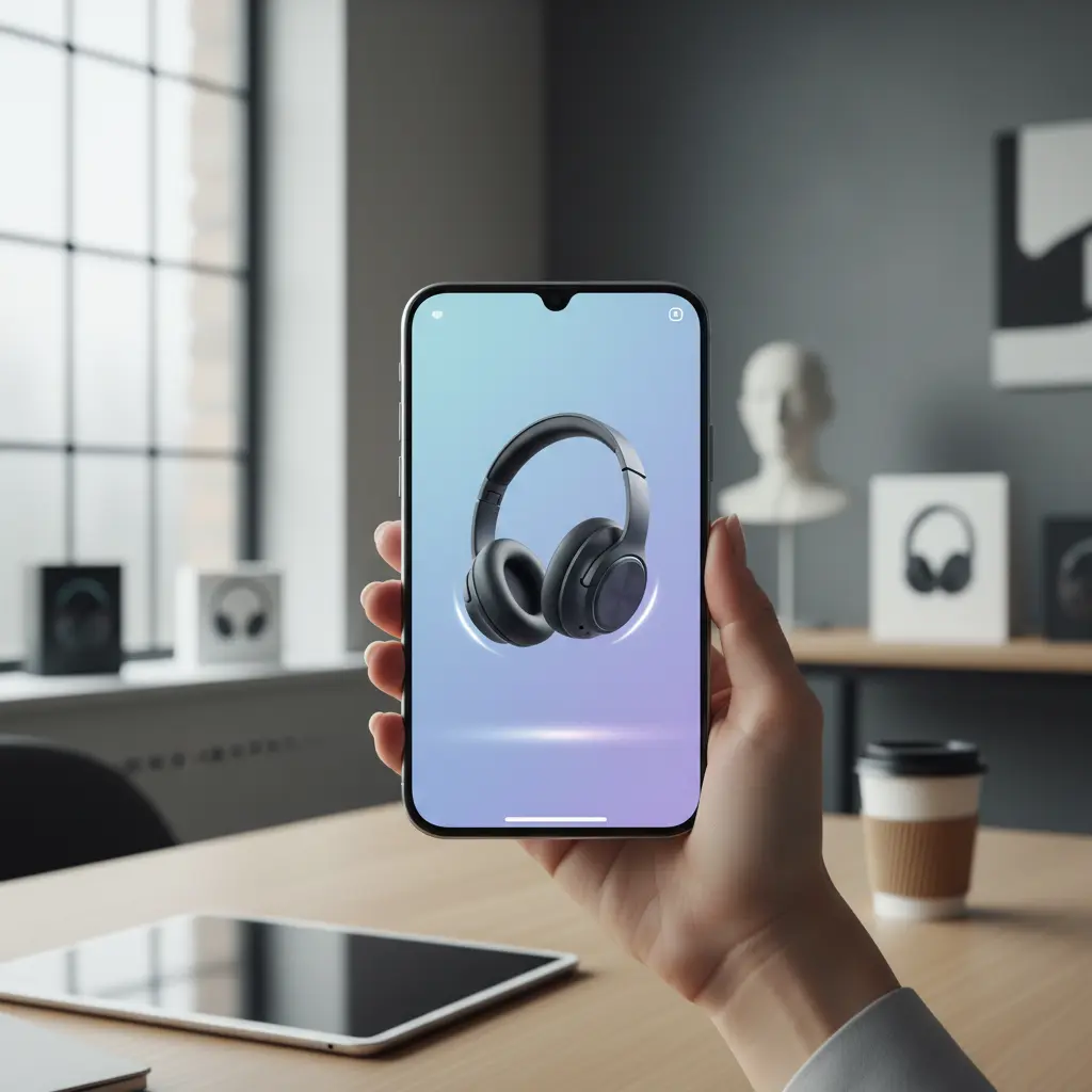 A smartphone displaying a product video in a modern e-commerce setting