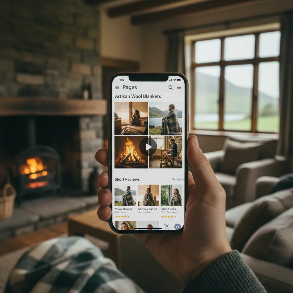 A customer browsing a Shopify product page displaying user-generated content like lifestyle photos and video snippets.