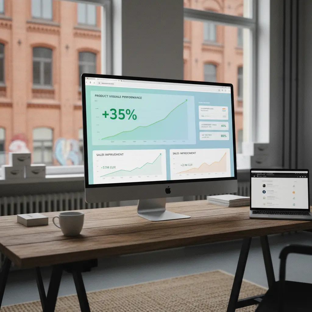 Data analytics dashboard showing conversion rates and sales improvements after implementing AI-generated visuals