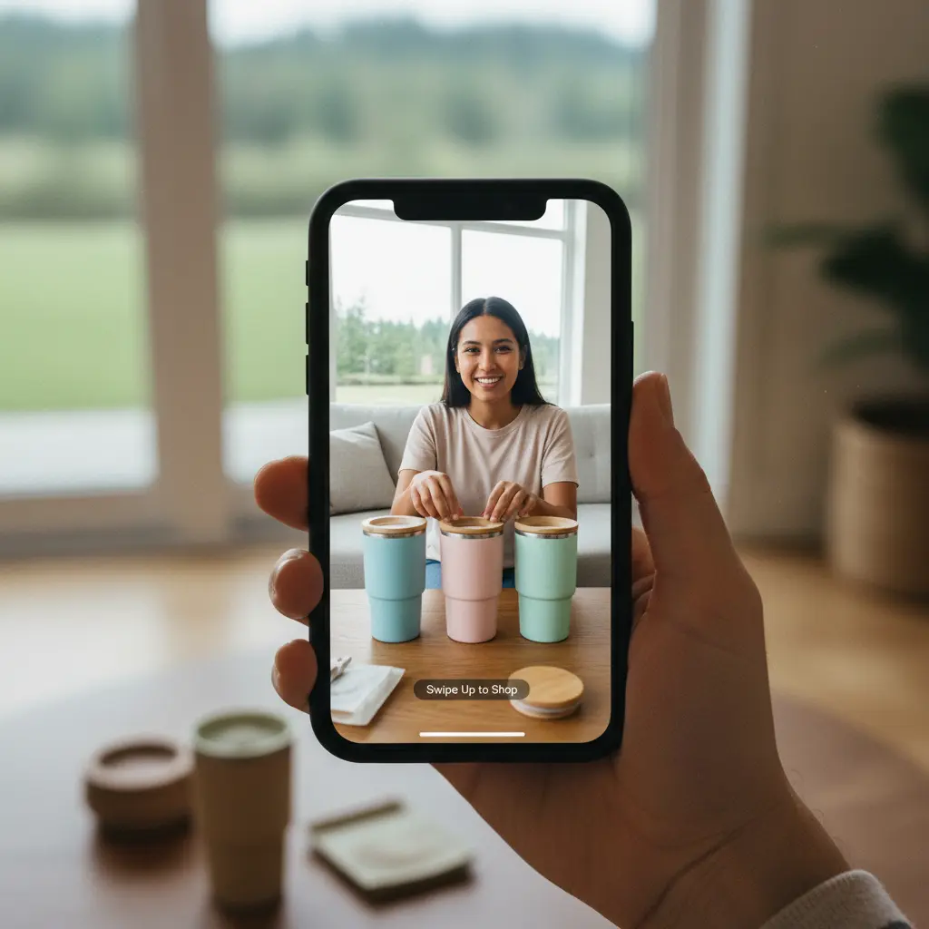 A smartphone screen showing an AI-generated UGC-style video for a dropshipping product