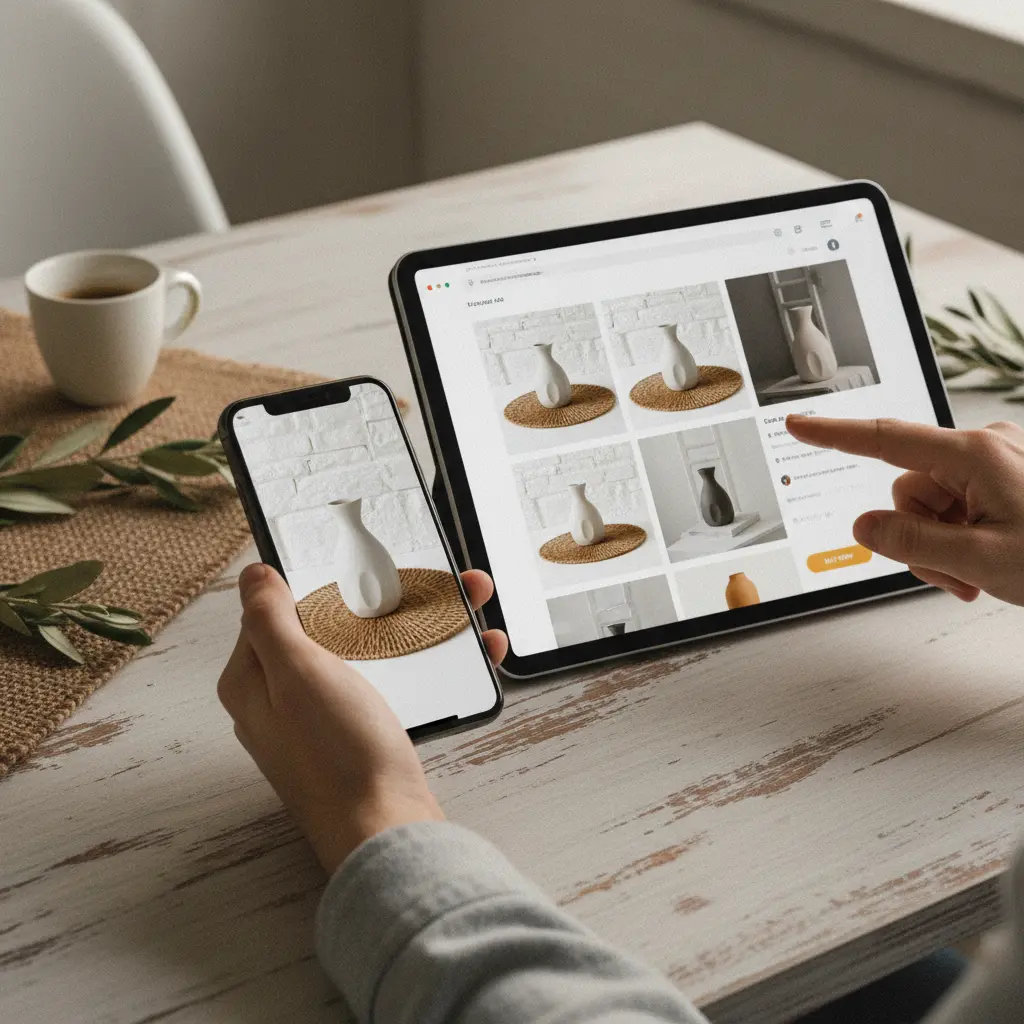 AI-generated product image showing a virtual model interacting with a smart device