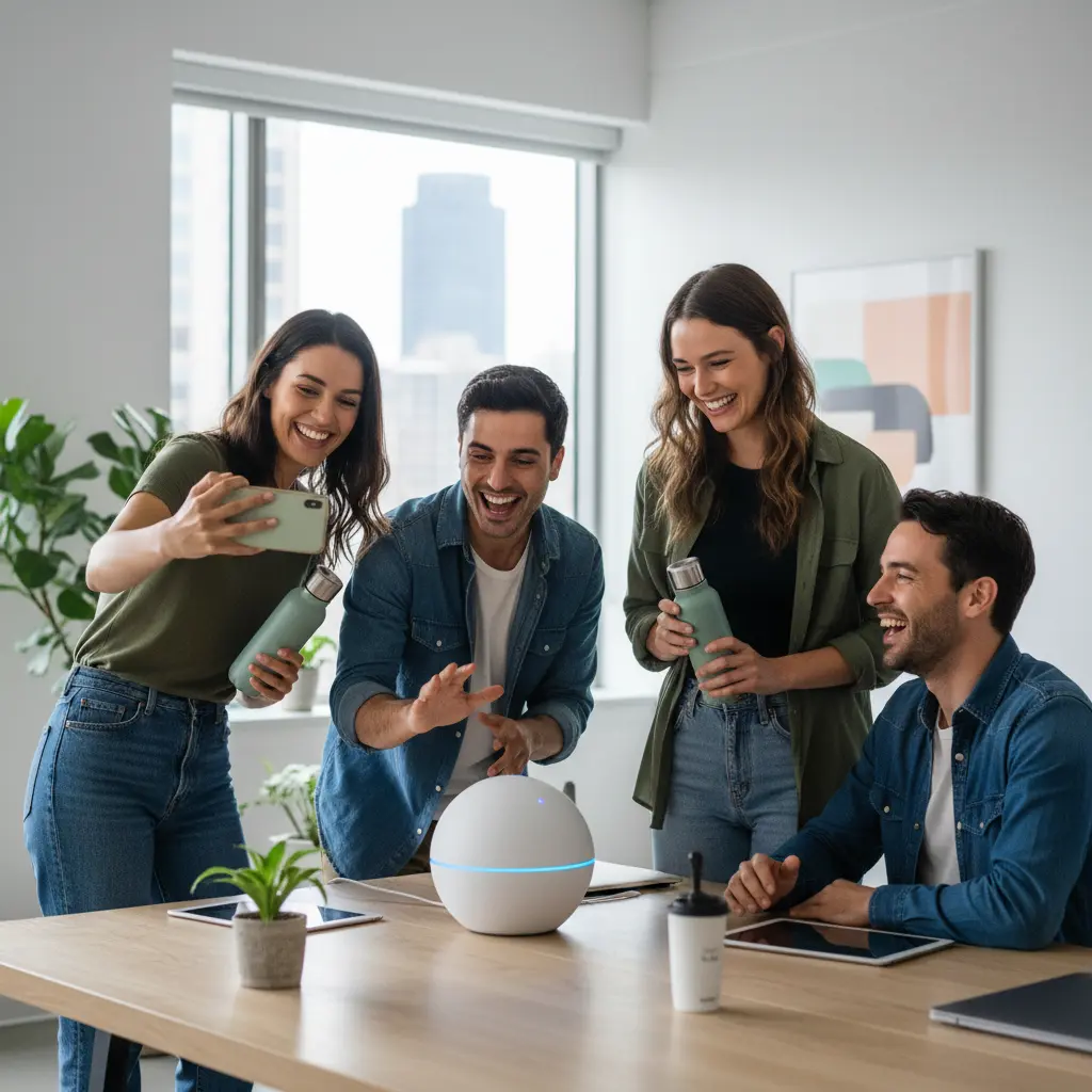 Customers engaging with a product in a user-generated content style photo.