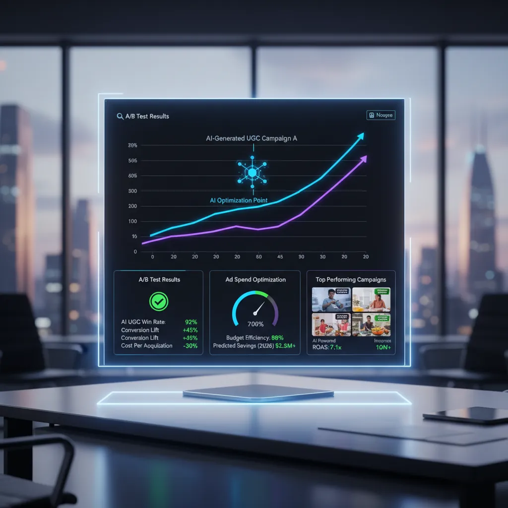 A dashboard showing A/B test results and ad spend optimization metrics, highlighting successful AI-generated UGC campaigns.