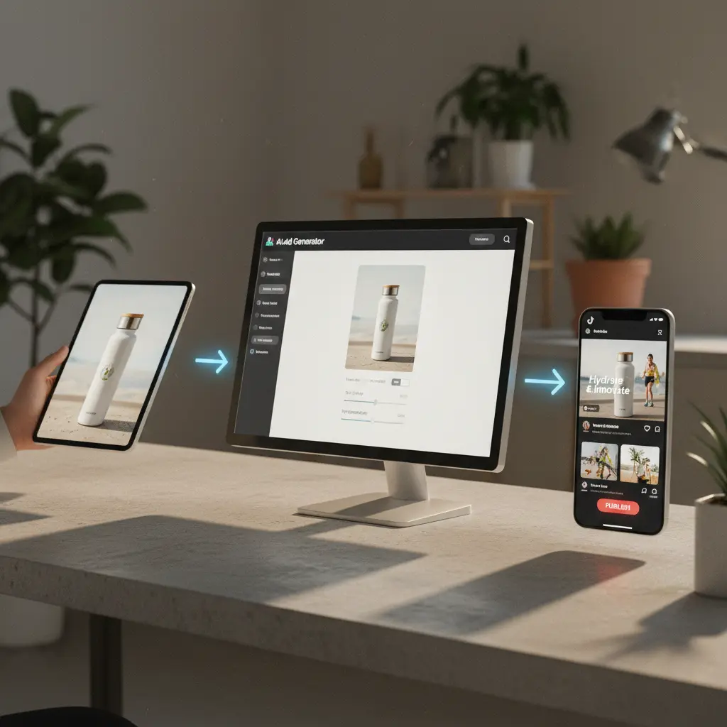 A visual workflow diagram showing steps from uploading a product image to publishing an AI-generated TikTok ad