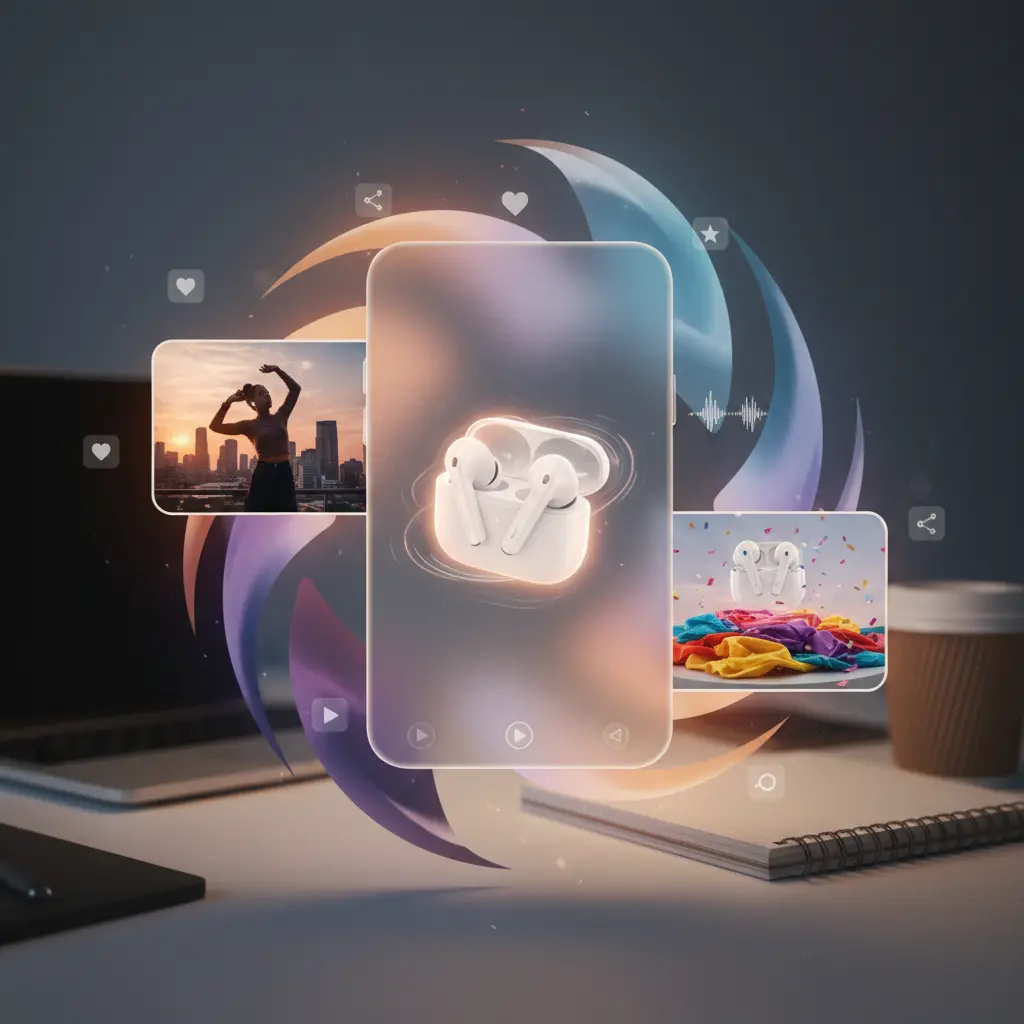 A visual representation of a product image being animated into a short video clip with different background options.