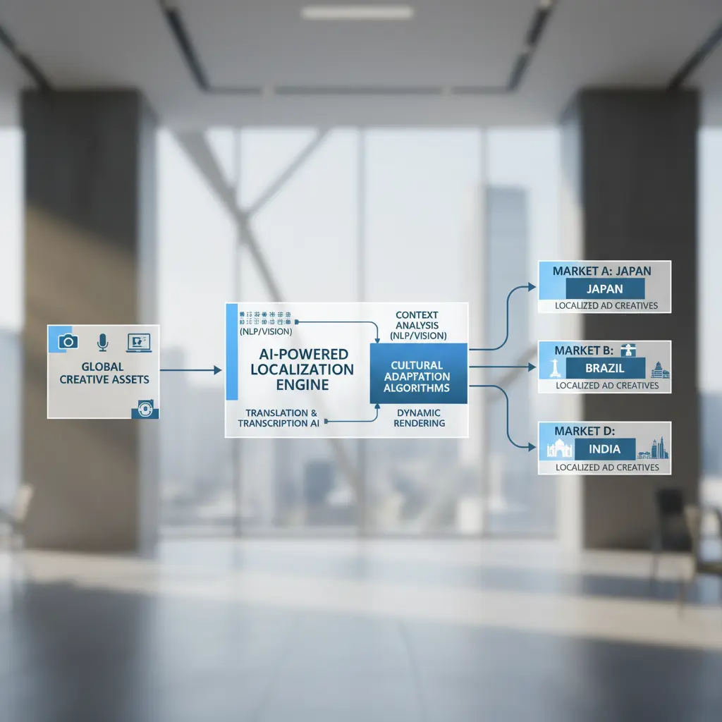 A diagram illustrating an AI-powered localization workflow for ad creatives