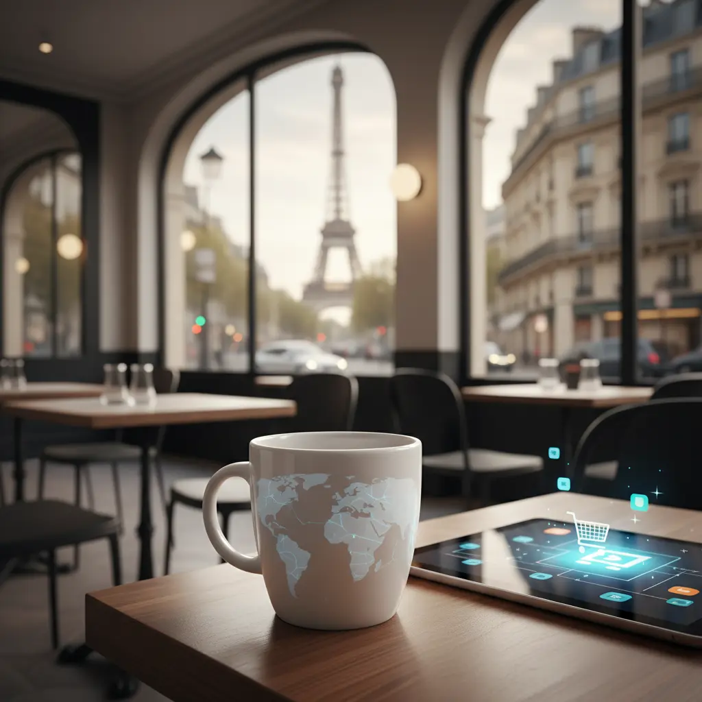 AI-generated coffee mug in a Parisian cafe scene