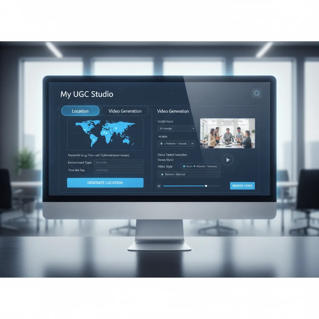 User interface screenshot showing My UGC Studio features for location and video generation