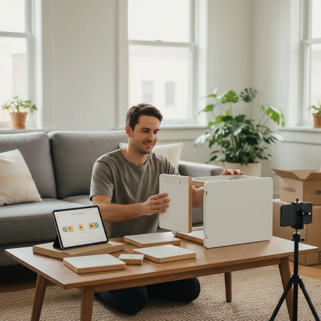 Product demonstration showing a user easily assembling a modular storage unit