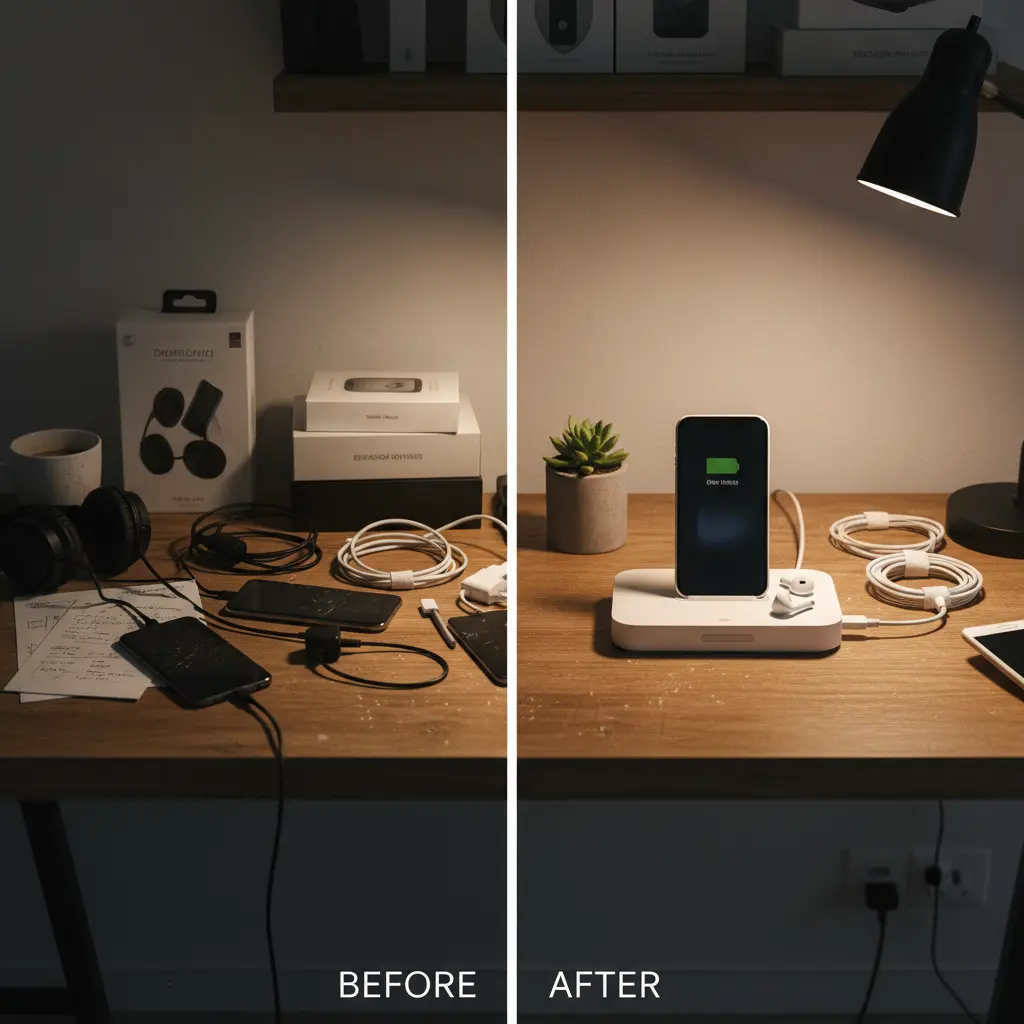 A split screen showing a 'before' image of a messy desk and an 'after' image of an organized desk with a new product