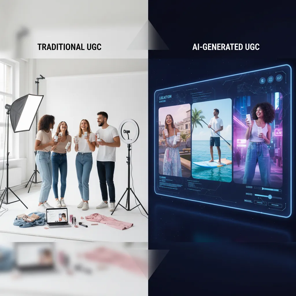 Comparison of traditional UGC photoshoot setup vs. AI-generated UGC