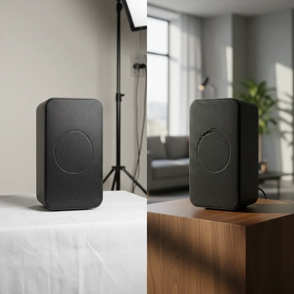 Side-by-side comparison of a raw product photo and an AI-enhanced realistic image