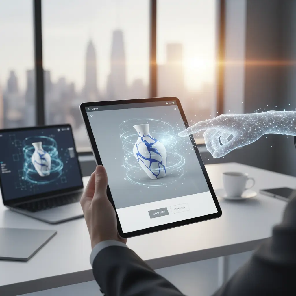 Conceptual image of a customer interacting with an AI-generated 3D product model on Shopify