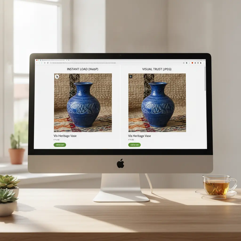 Comparison of compressed WebP and original JPEG on a Shopify product page