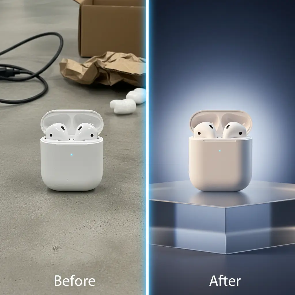Before and after comparison of a product photo transformed by AI from a basic supplier image to a high-converting PDP visual.