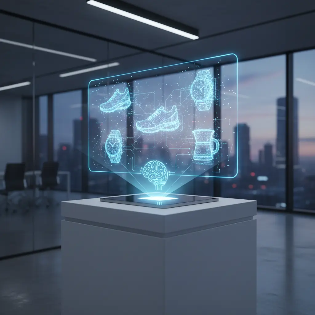 Futuristic holographic product display with AI-generated visuals, symbolizing the future of e-commerce.