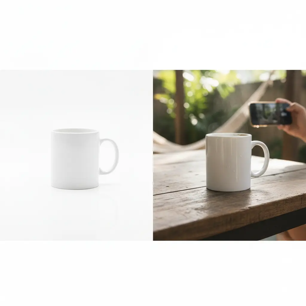 A side by side comparison of sterile studio rendering versus an authentic lifestyle background shot
