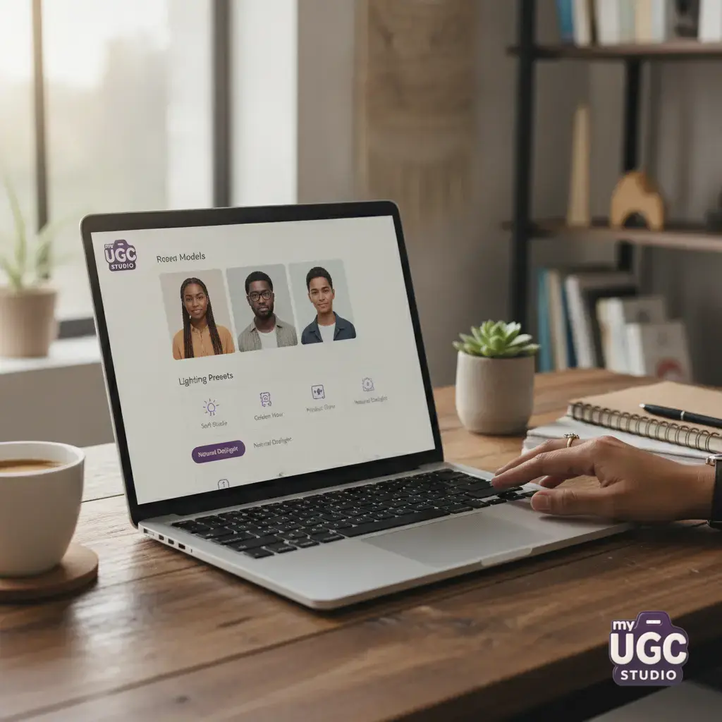 My UGC Studio dashboard showing model selection and lighting presets
