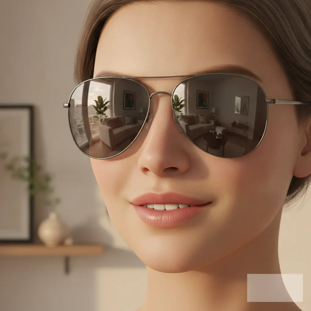 Virtual model wearing sunglasses with accurate reflections and shadows