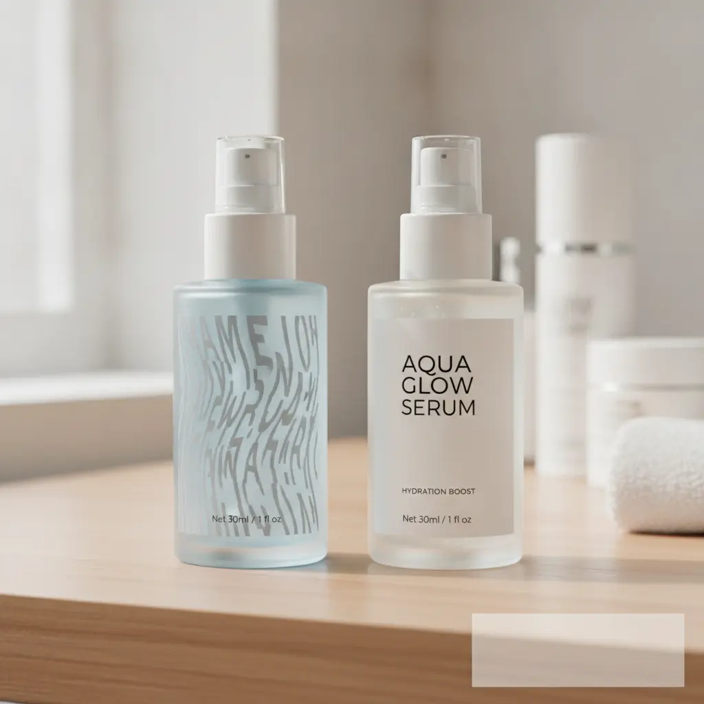 A close-up of a skincare bottle with warped text generated by a free AI tool next to a clean render